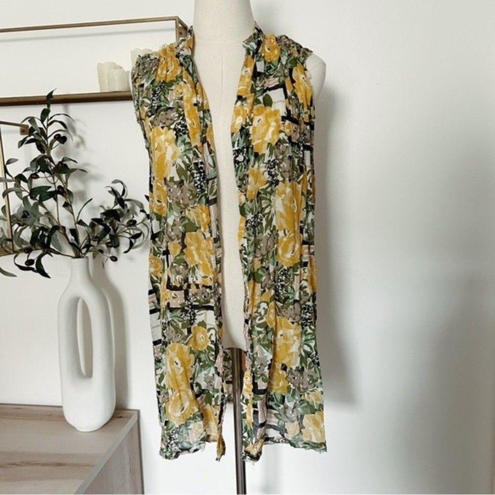 Yellow Green Floral Black White Grid Pattern Flowy sleeveless top, cottagecore